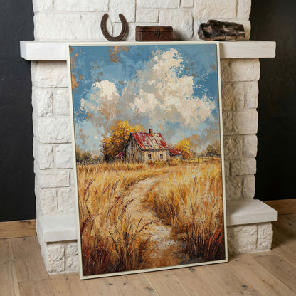 Golden Autumn Countryside Barn Canvas in white floating frame