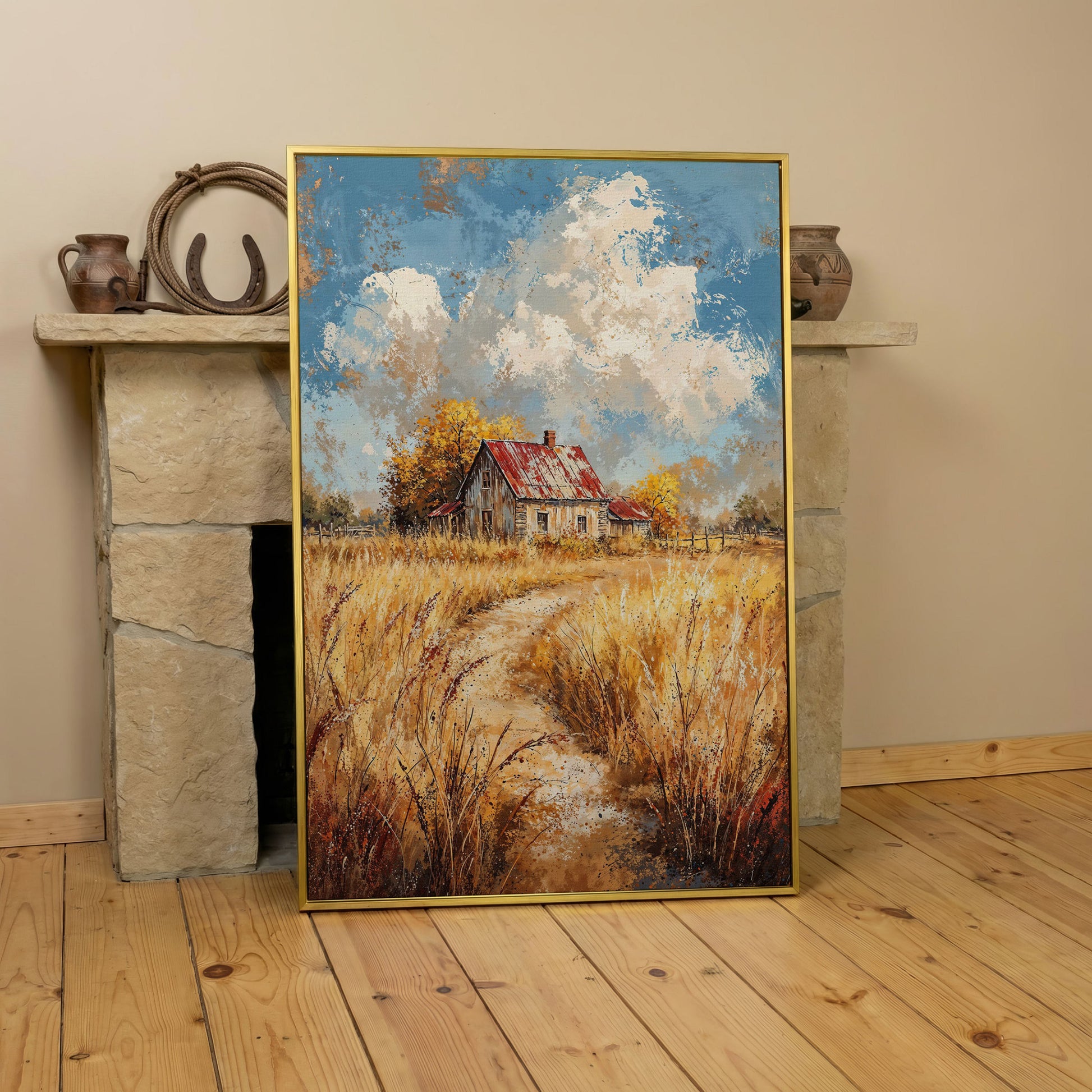 Golden Autumn Countryside Barn Canvas in yellow gold floating frame