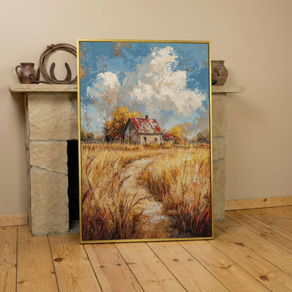 Golden Autumn Countryside Barn Canvas in yellow gold floating frame