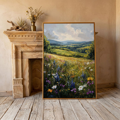 Wildflower Meadow with Golden Sky Canvas Print in antique gold floating frame