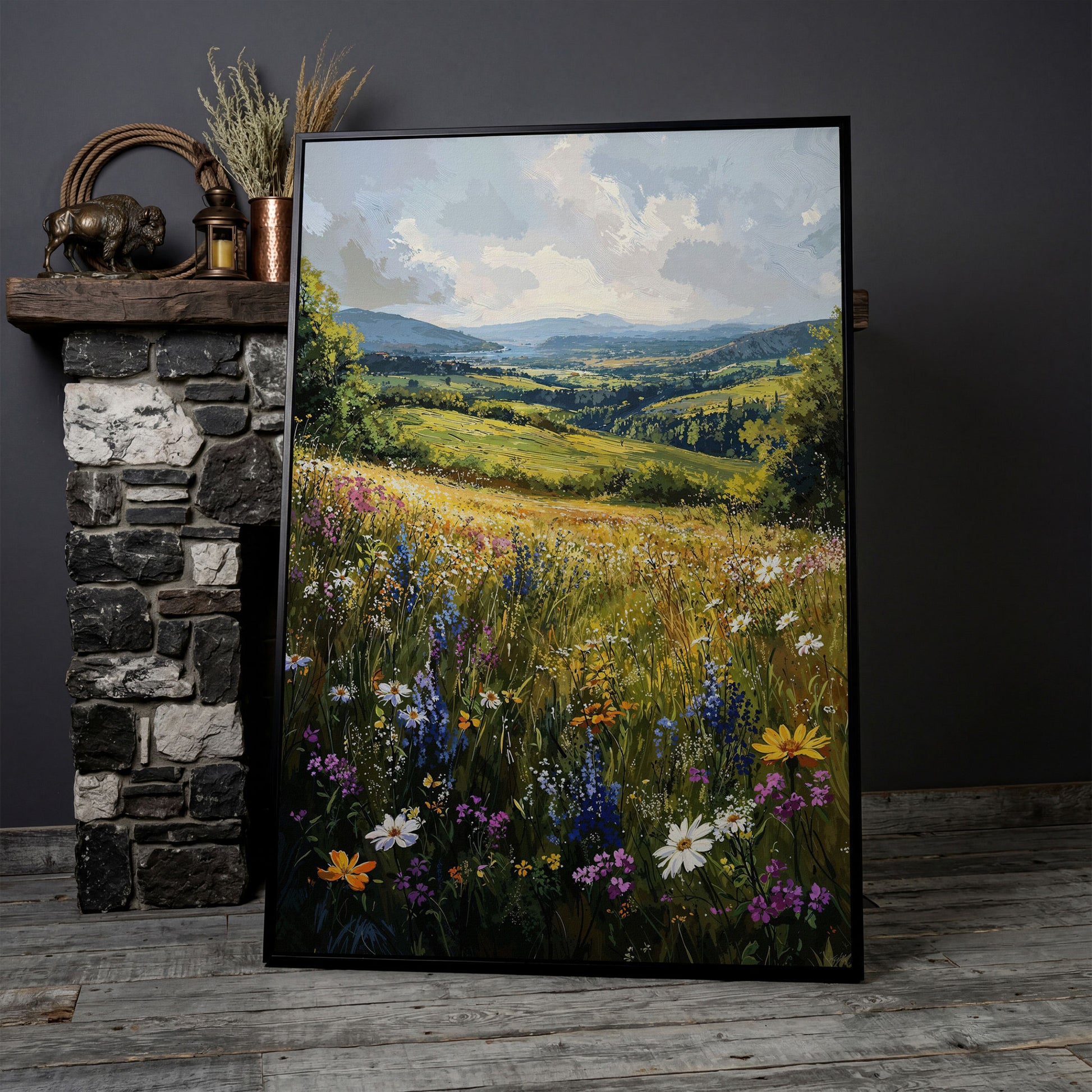Wildflower Meadow with Golden Sky Canvas Print in black floating frame