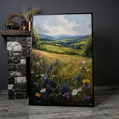 Wildflower Meadow with Golden Sky Canvas Print in black floating frame