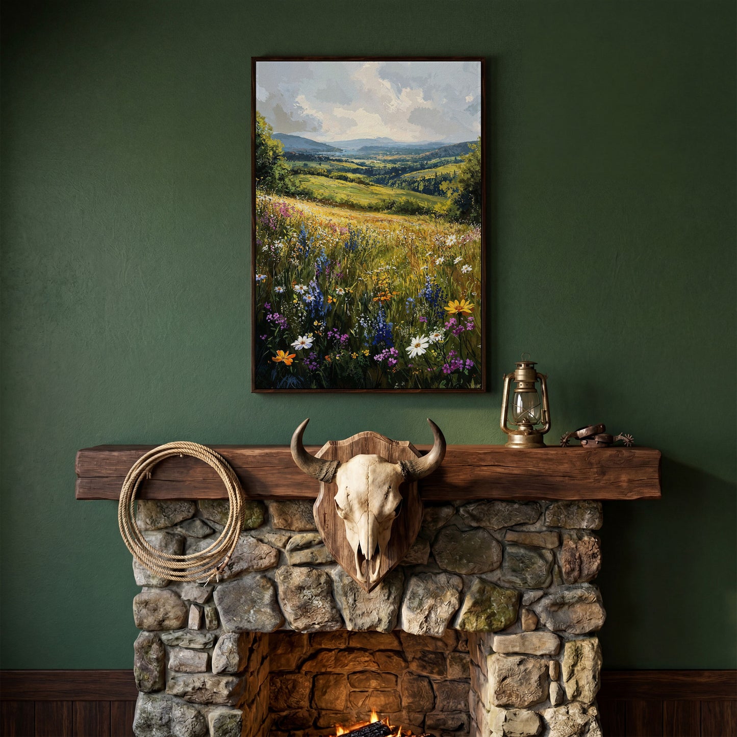 Wildflower Meadow with Golden Sky Canvas Print in dark walnut floating frame