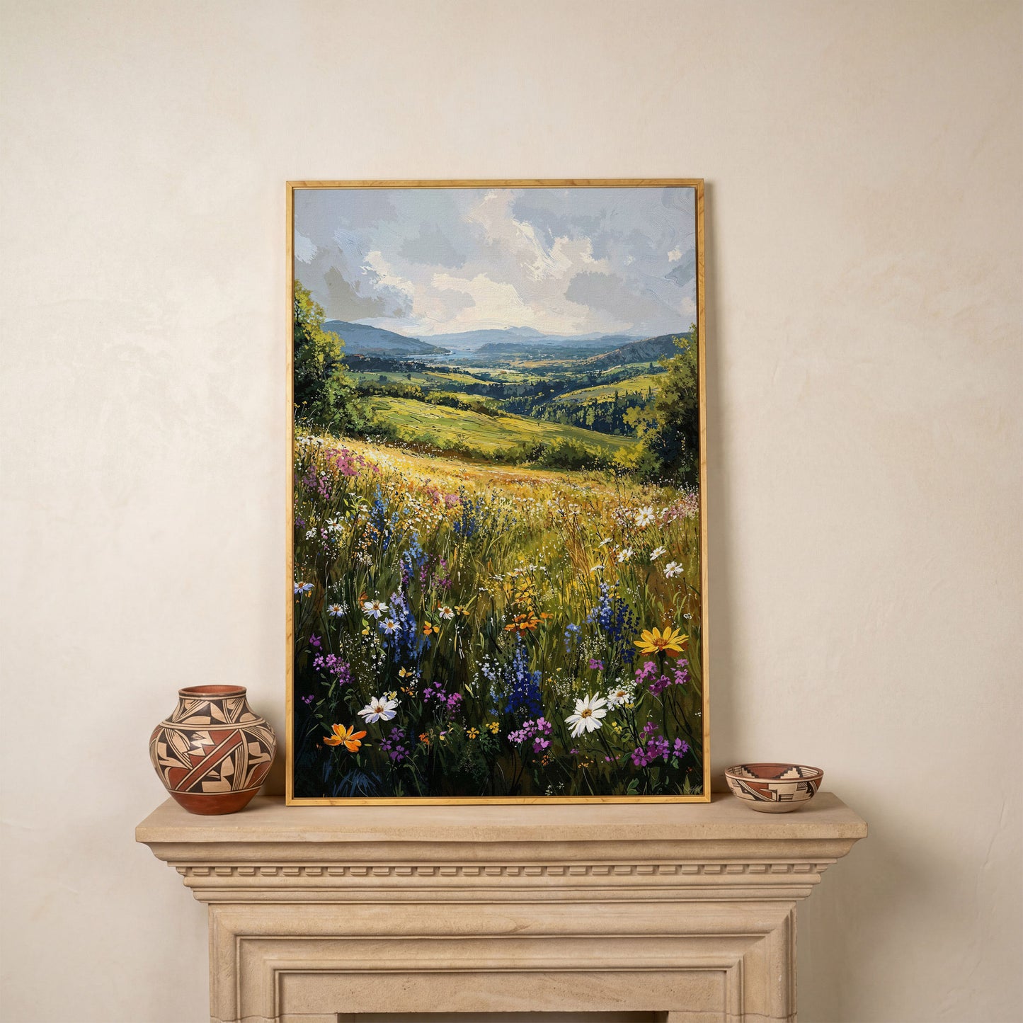 Wildflower Meadow with Golden Sky Canvas Print in white oak floating frame
