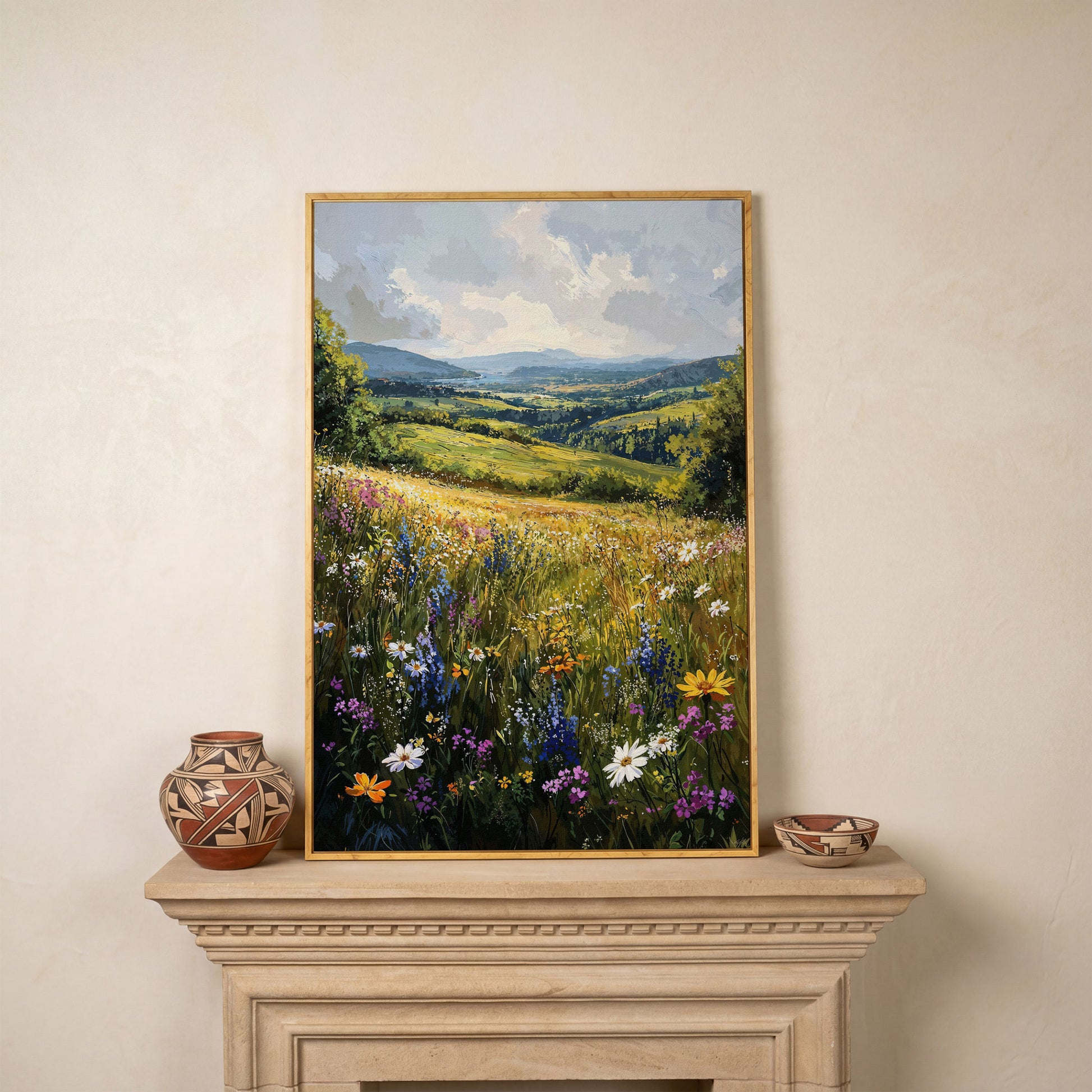 Wildflower Meadow with Golden Sky Canvas Print in white oak floating frame
