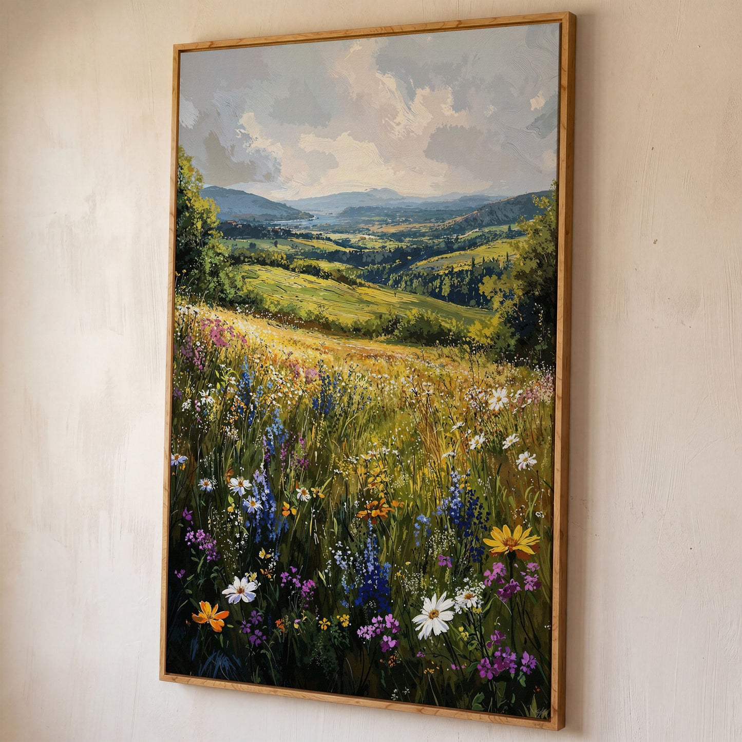 Wildflower Meadow with Golden Sky Canvas Print shown in white oak floating frame