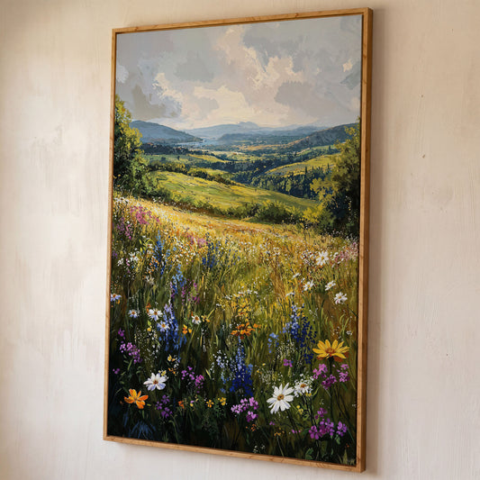 Wildflower Meadow with Golden Sky Canvas Print shown in white oak floating frame