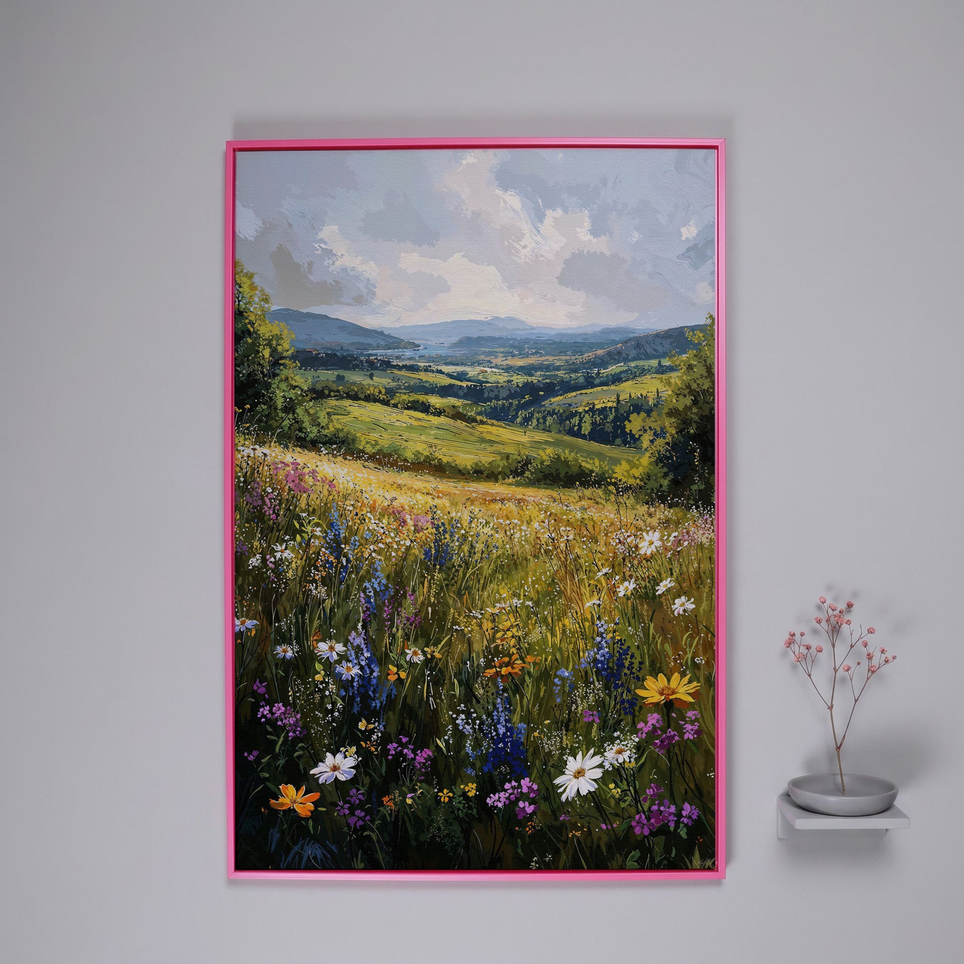 Wildflower Meadow with Golden Sky Canvas Print in pink floating frame