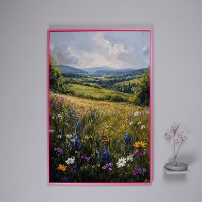 Wildflower Meadow with Golden Sky Canvas Print in pink floating frame