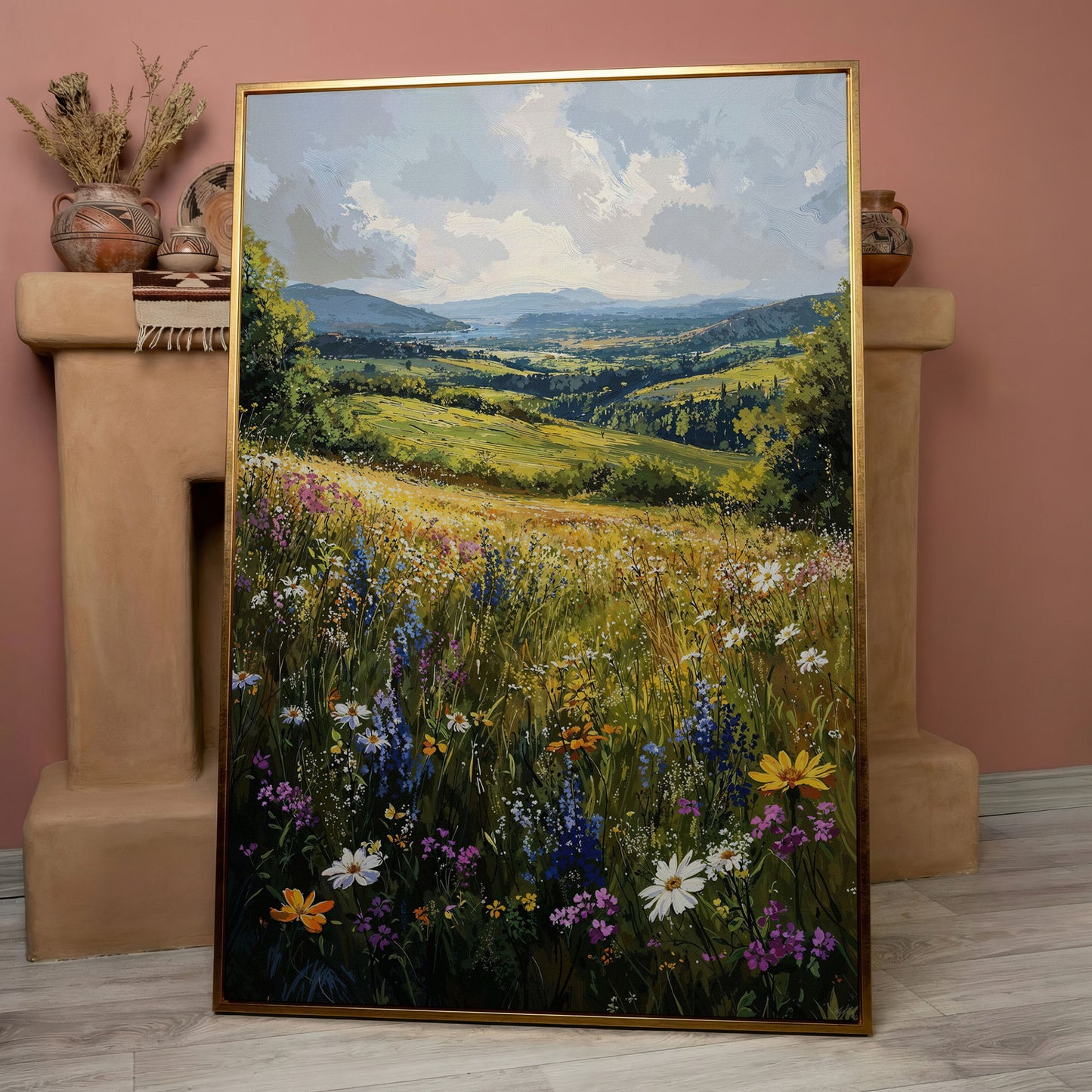 Wildflower Meadow with Golden Sky Canvas Print in rose gold floating frame