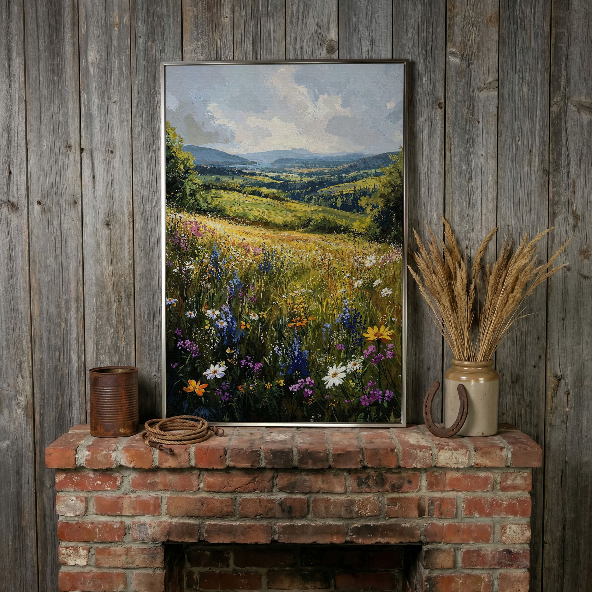 Wildflower Meadow with Golden Sky Canvas Print in silver floating frame