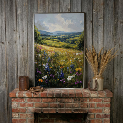 Wildflower Meadow with Golden Sky Canvas Print in silver floating frame