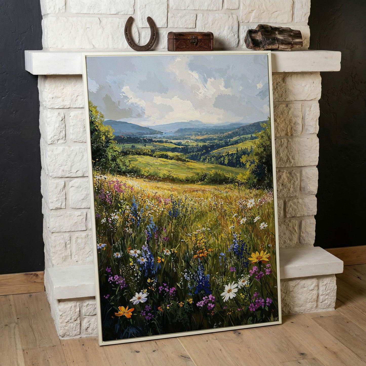 Wildflower Meadow with Golden Sky Canvas Print in white floating frame