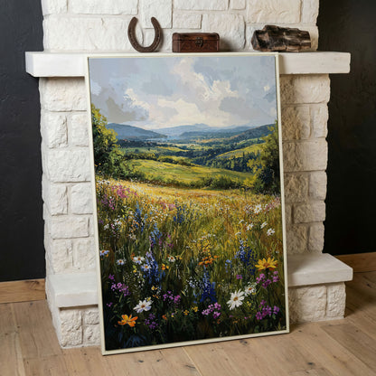 Wildflower Meadow with Golden Sky Canvas Print in white floating frame