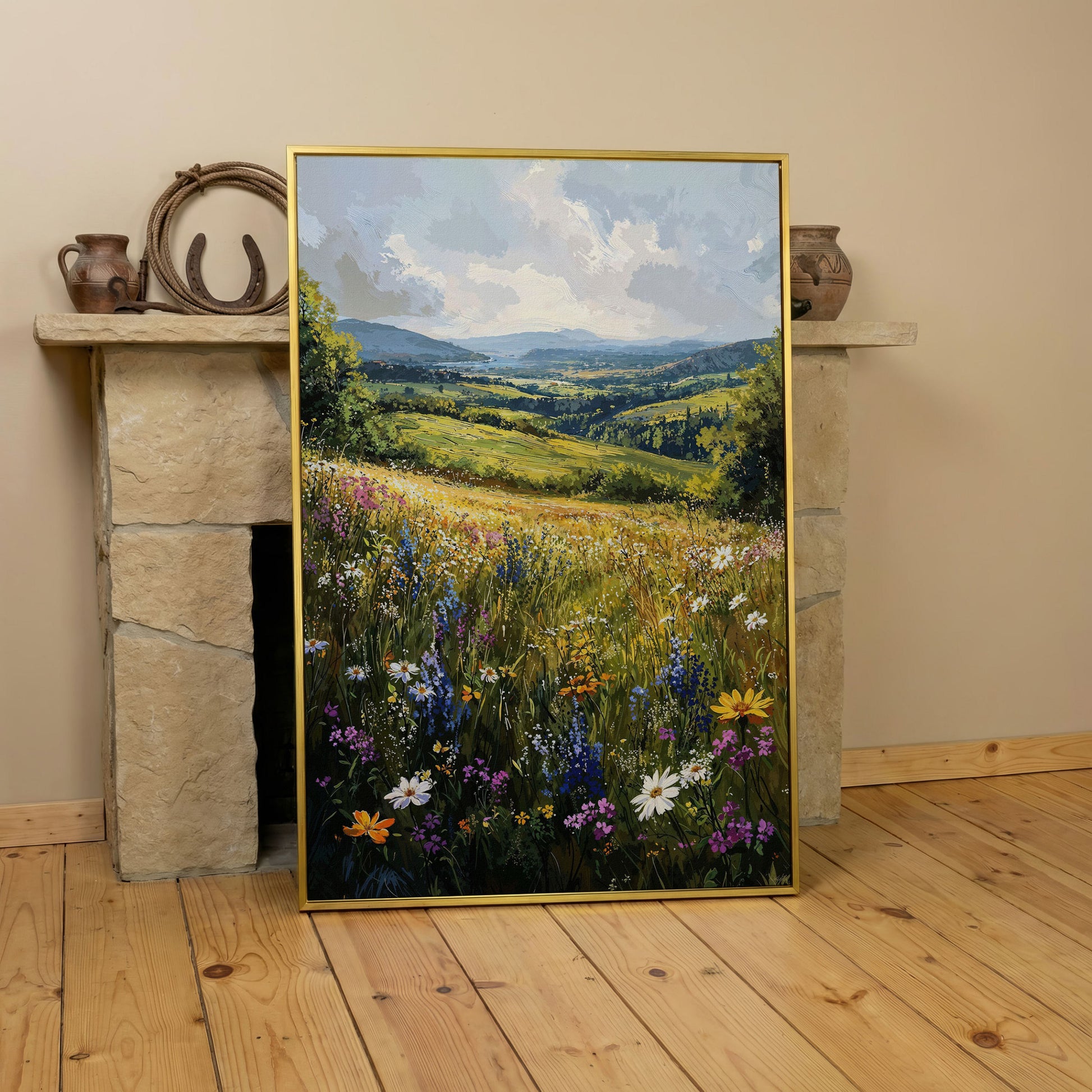 Wildflower Meadow with Golden Sky Canvas Print in yellow gold floating frame