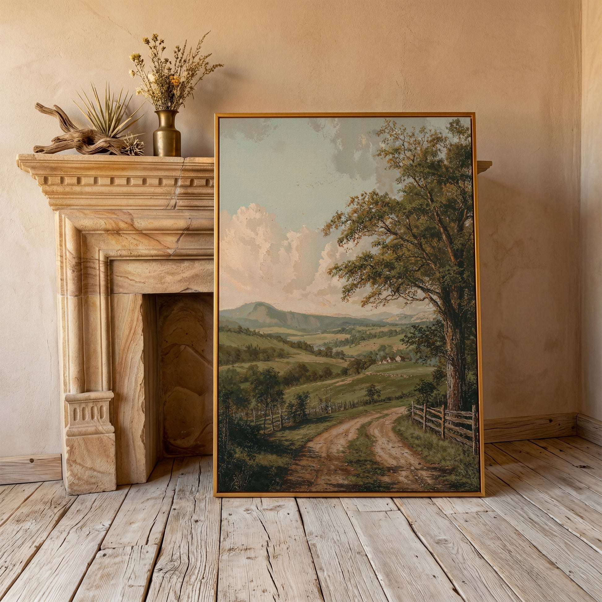 Rustic Countryside Canvas with Rolling Hills and Winding Road in antique gold floating frame
