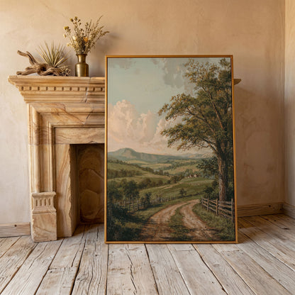 Rustic Countryside Canvas with Rolling Hills and Winding Road in antique gold floating frame