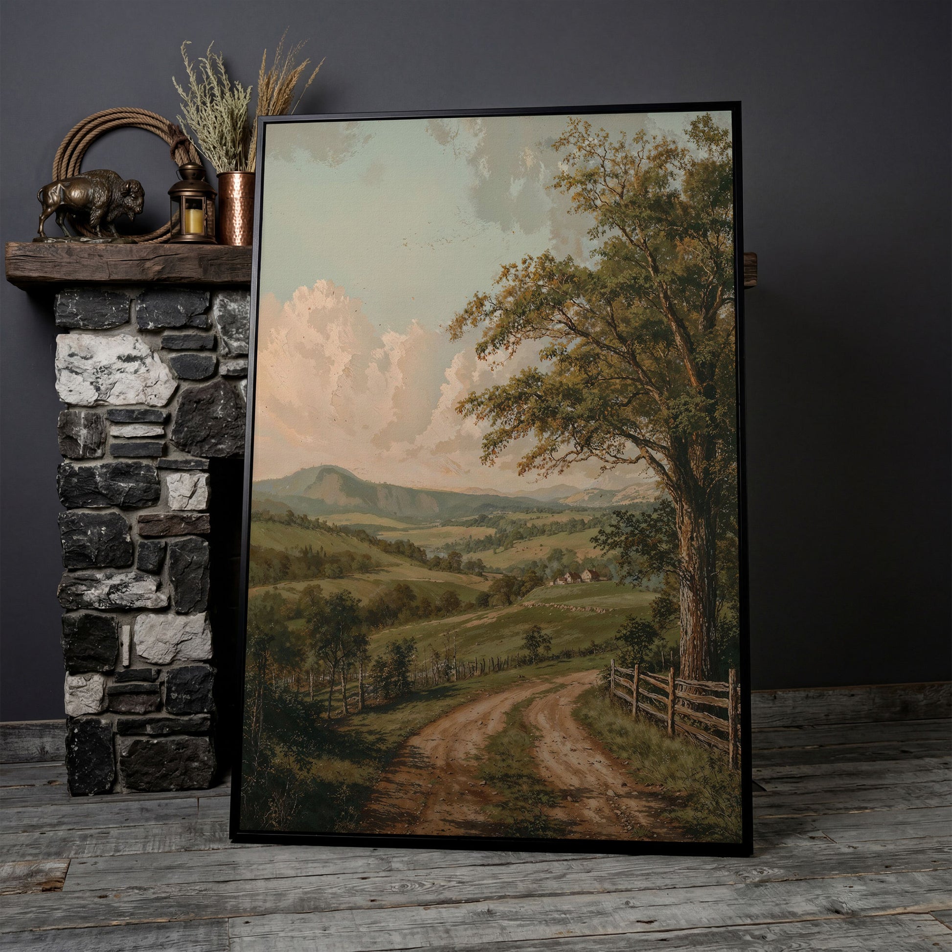 Rustic Countryside Canvas with Rolling Hills and Winding Road in black floating frame