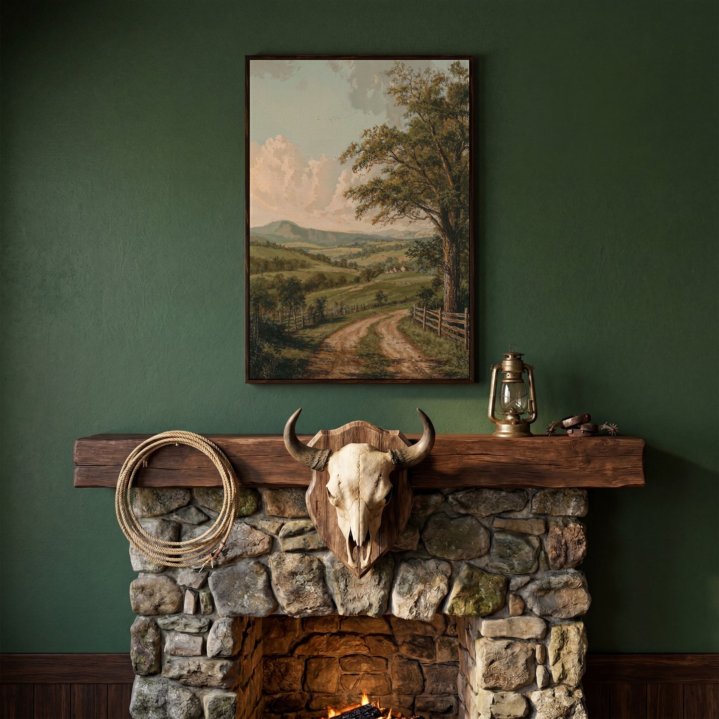 Rustic Countryside Canvas with Rolling Hills and Winding Road in dark walnut floating frame