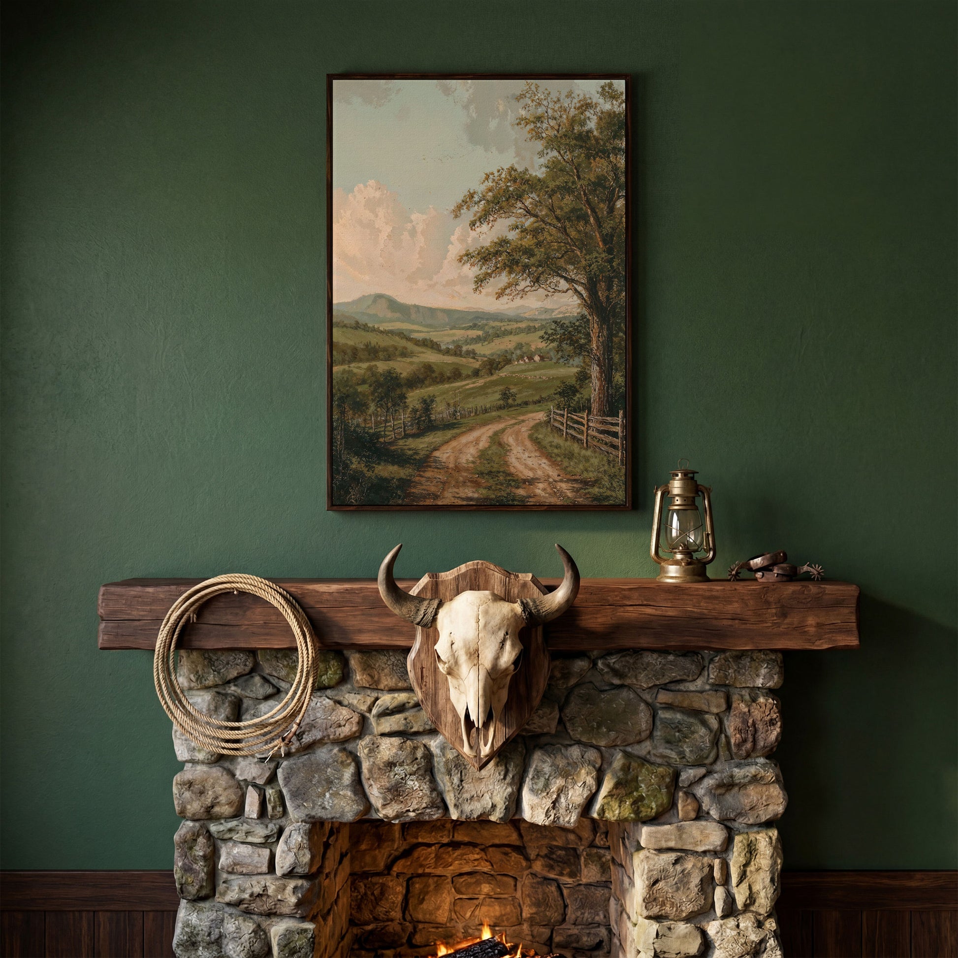 Rustic Countryside Canvas with Rolling Hills and Winding Road in dark walnut floating frame