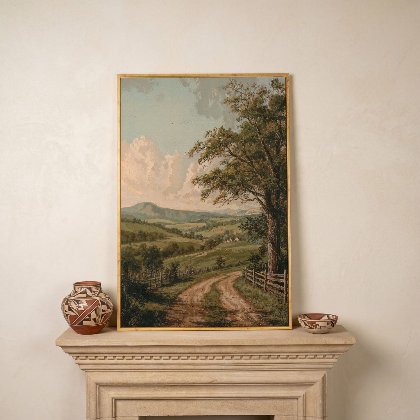 Rustic Countryside Canvas with Rolling Hills and Winding Road in white oak floating frame