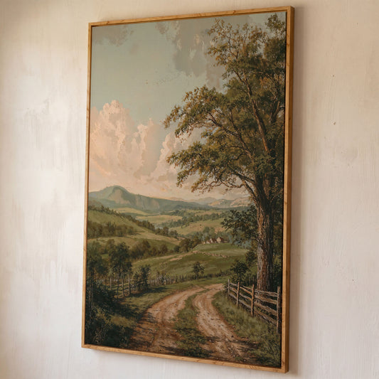 Rustic Countryside Canvas with Rolling Hills and Winding Road shown in white oak floating frame