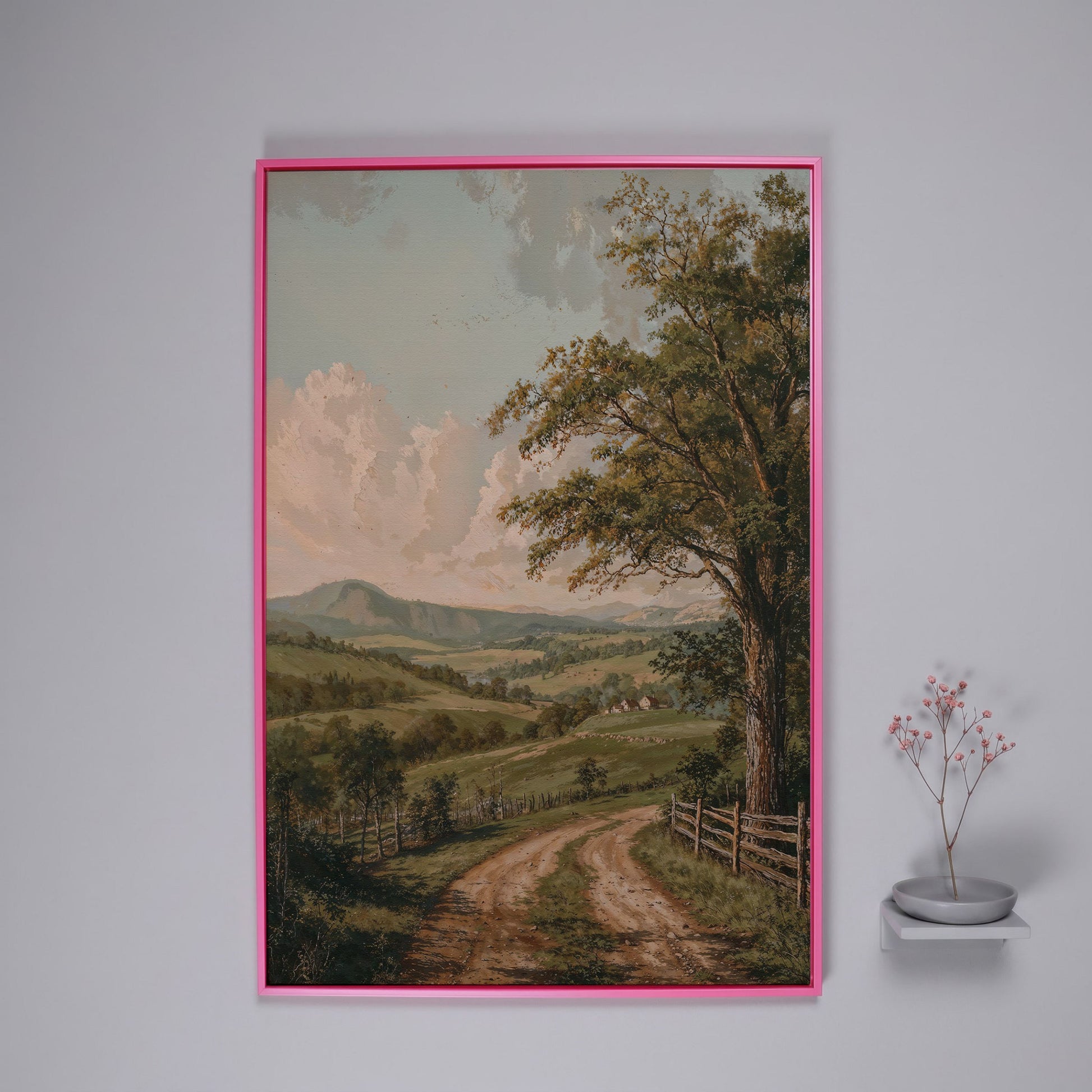 Rustic Countryside Canvas with Rolling Hills and Winding Road in pink floating frame