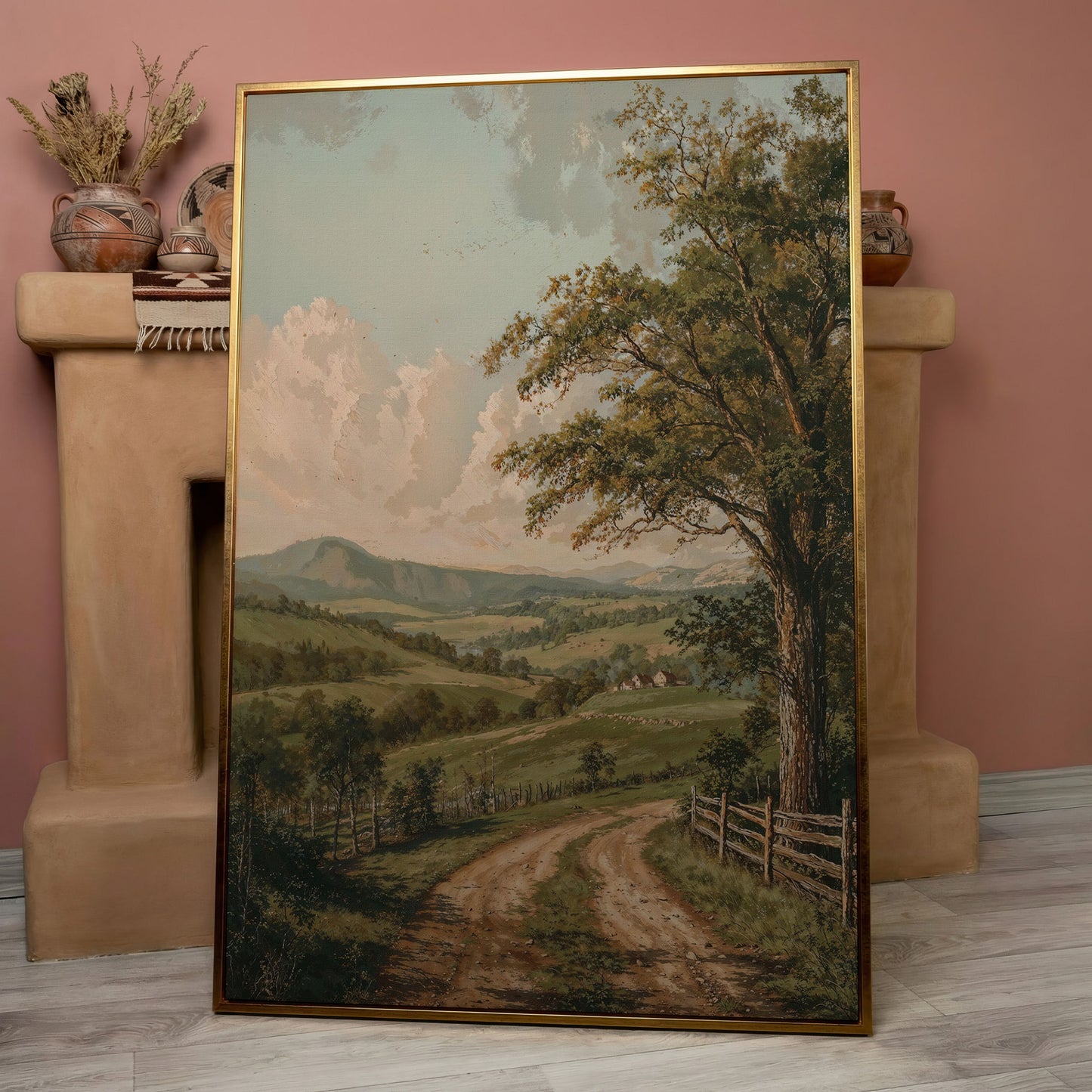 Rustic Countryside Canvas with Rolling Hills and Winding Road in rose gold floating frame