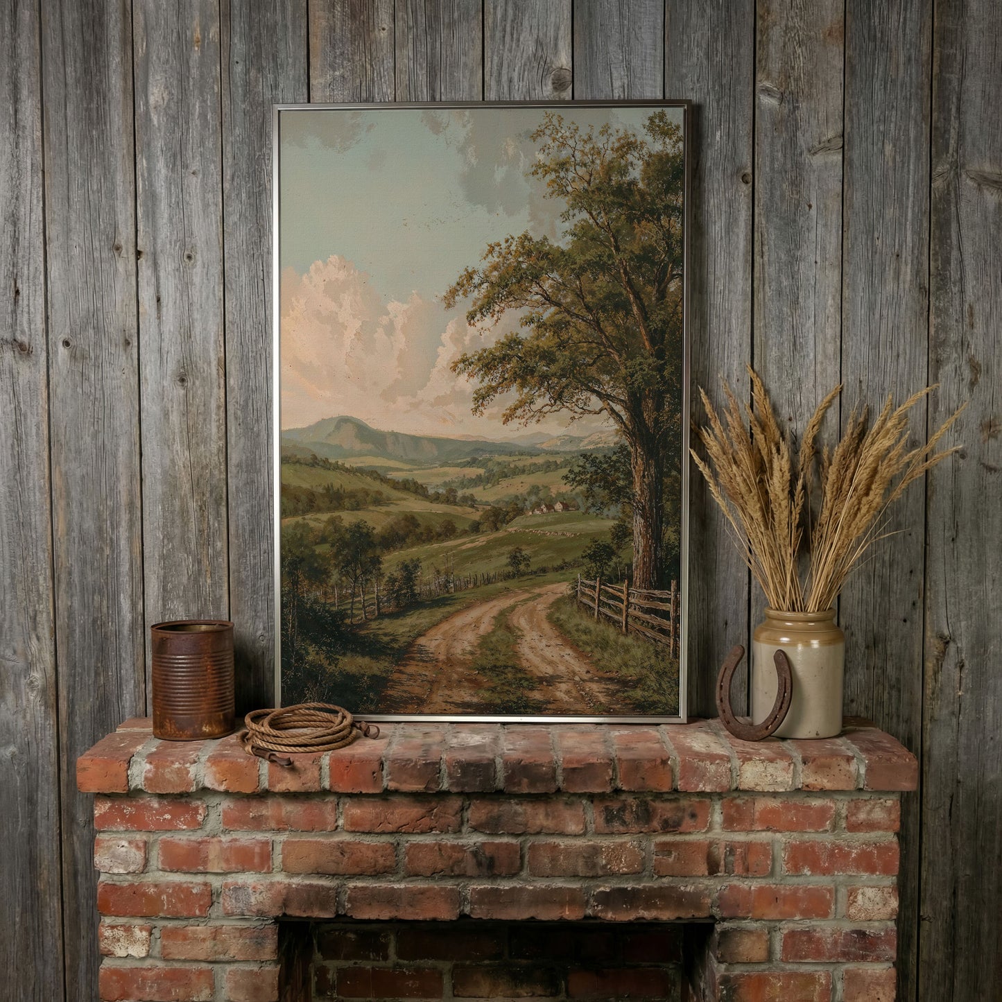 Rustic Countryside Canvas with Rolling Hills and Winding Road in silver floating frame