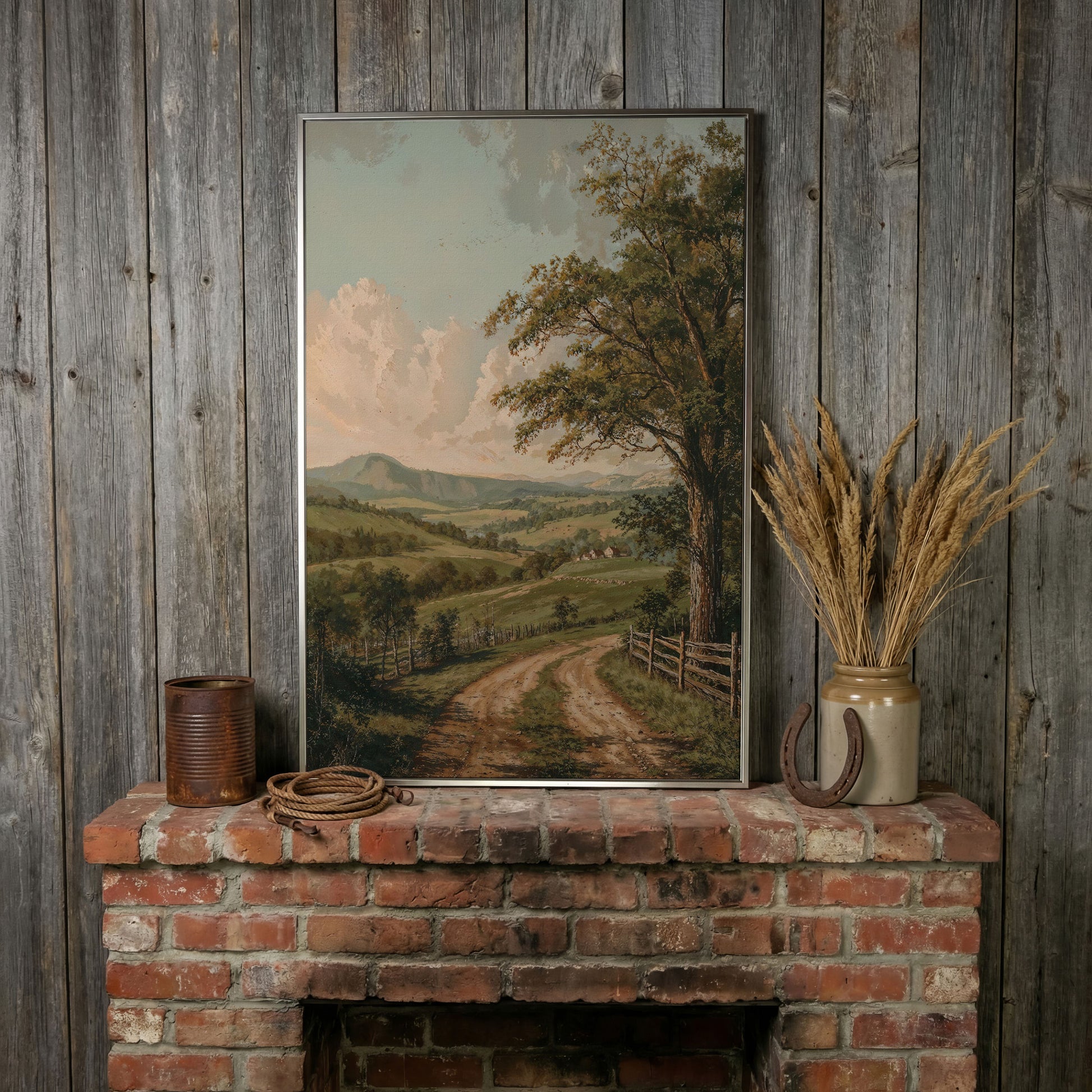 Rustic Countryside Canvas with Rolling Hills and Winding Road in silver floating frame