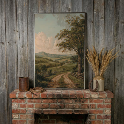 Rustic Countryside Canvas with Rolling Hills and Winding Road in silver floating frame