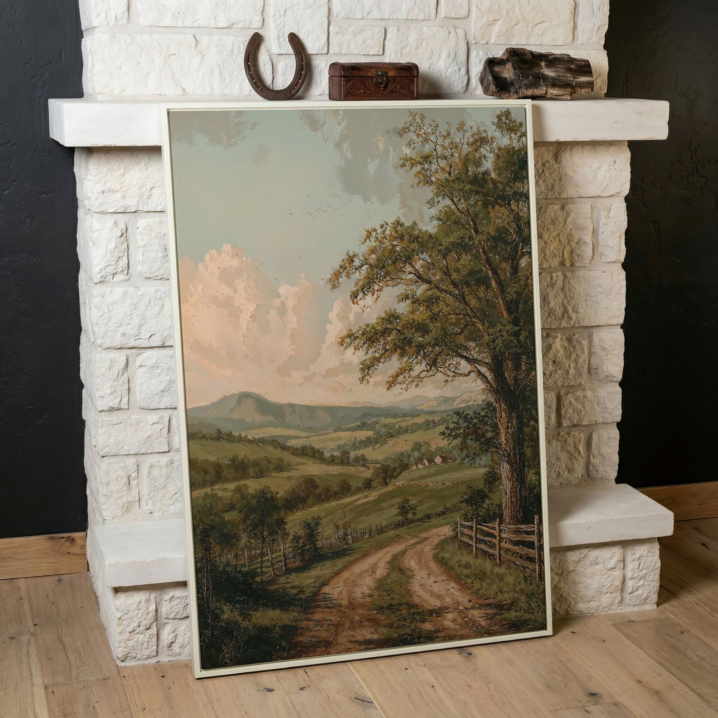 Rustic Countryside Canvas with Rolling Hills and Winding Road in white floating frame