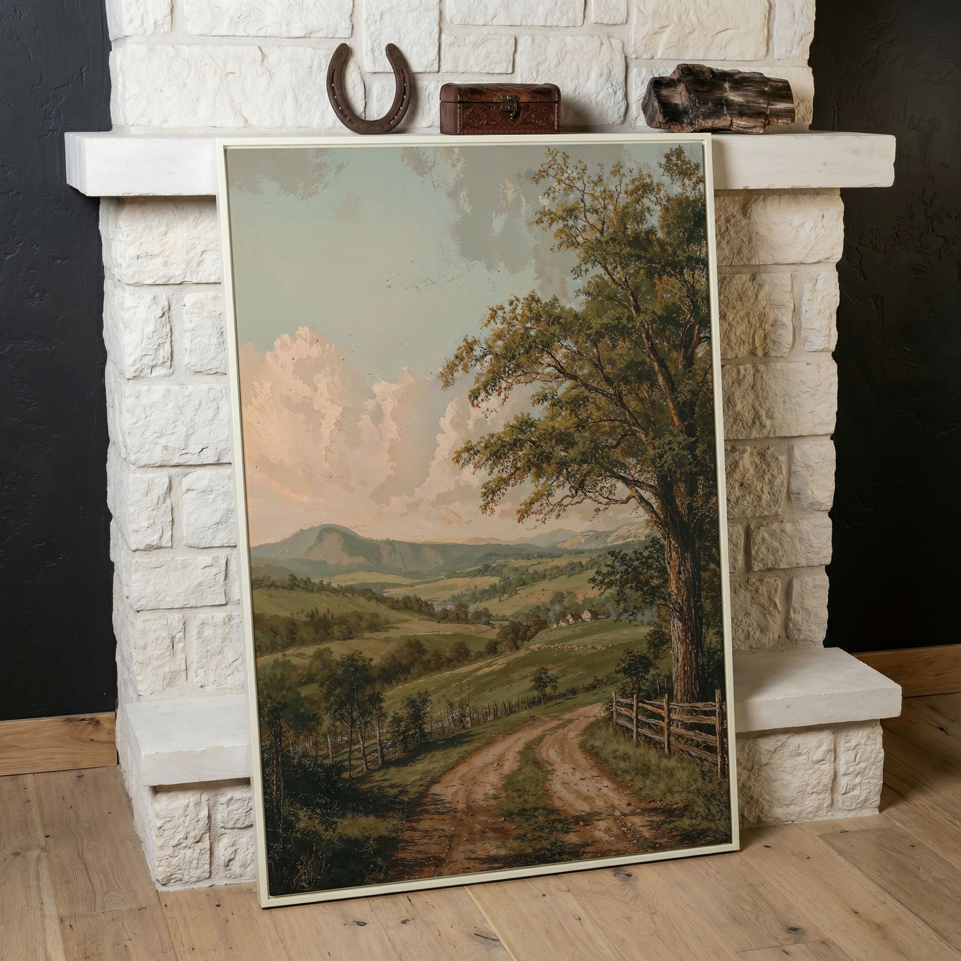 Rustic Countryside Canvas with Rolling Hills and Winding Road in white floating frame