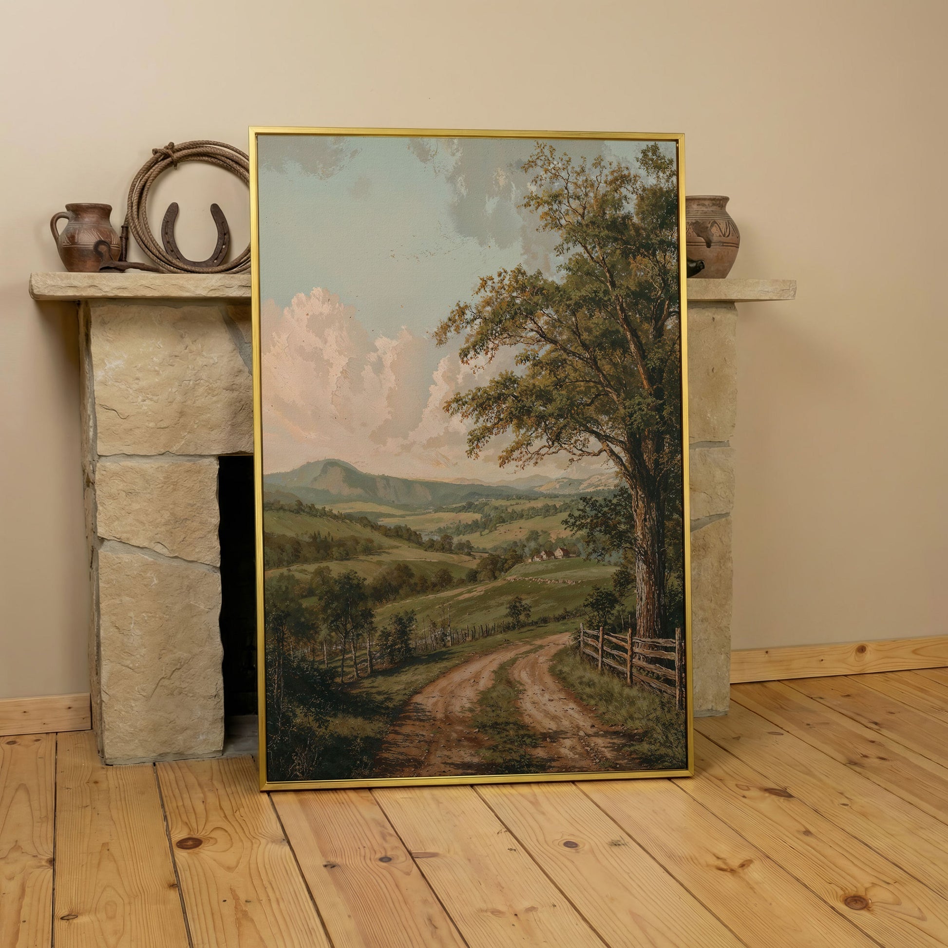 Rustic Countryside Canvas with Rolling Hills and Winding Road in yellow gold floating frame