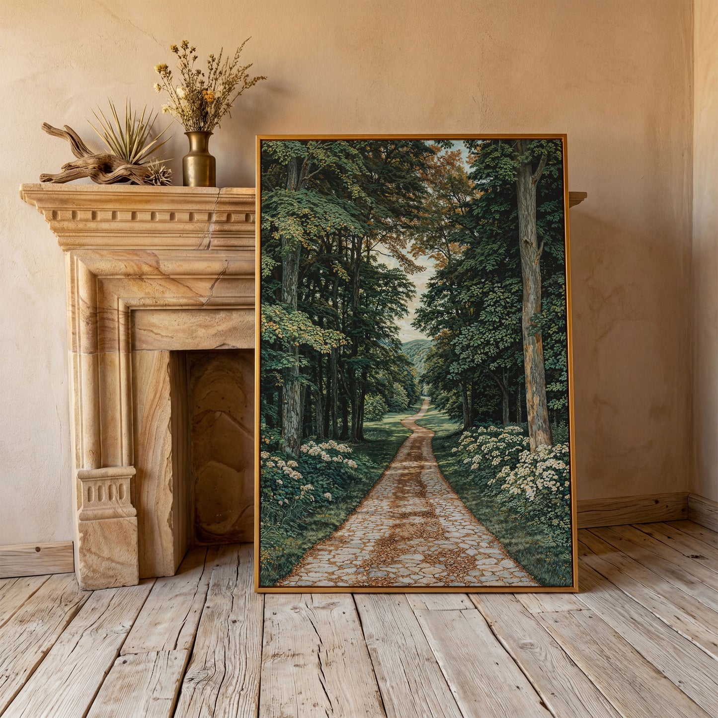Country Road Through Forest Canvas in antique gold floating frame