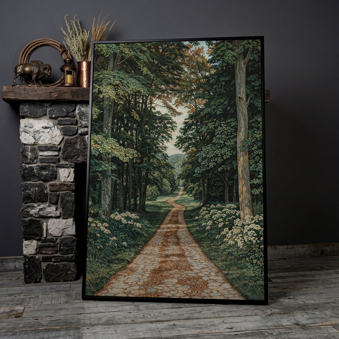Country Road Through Forest Canvas in black floating frame