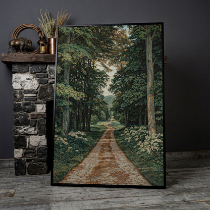 Country Road Through Forest Canvas in black floating frame