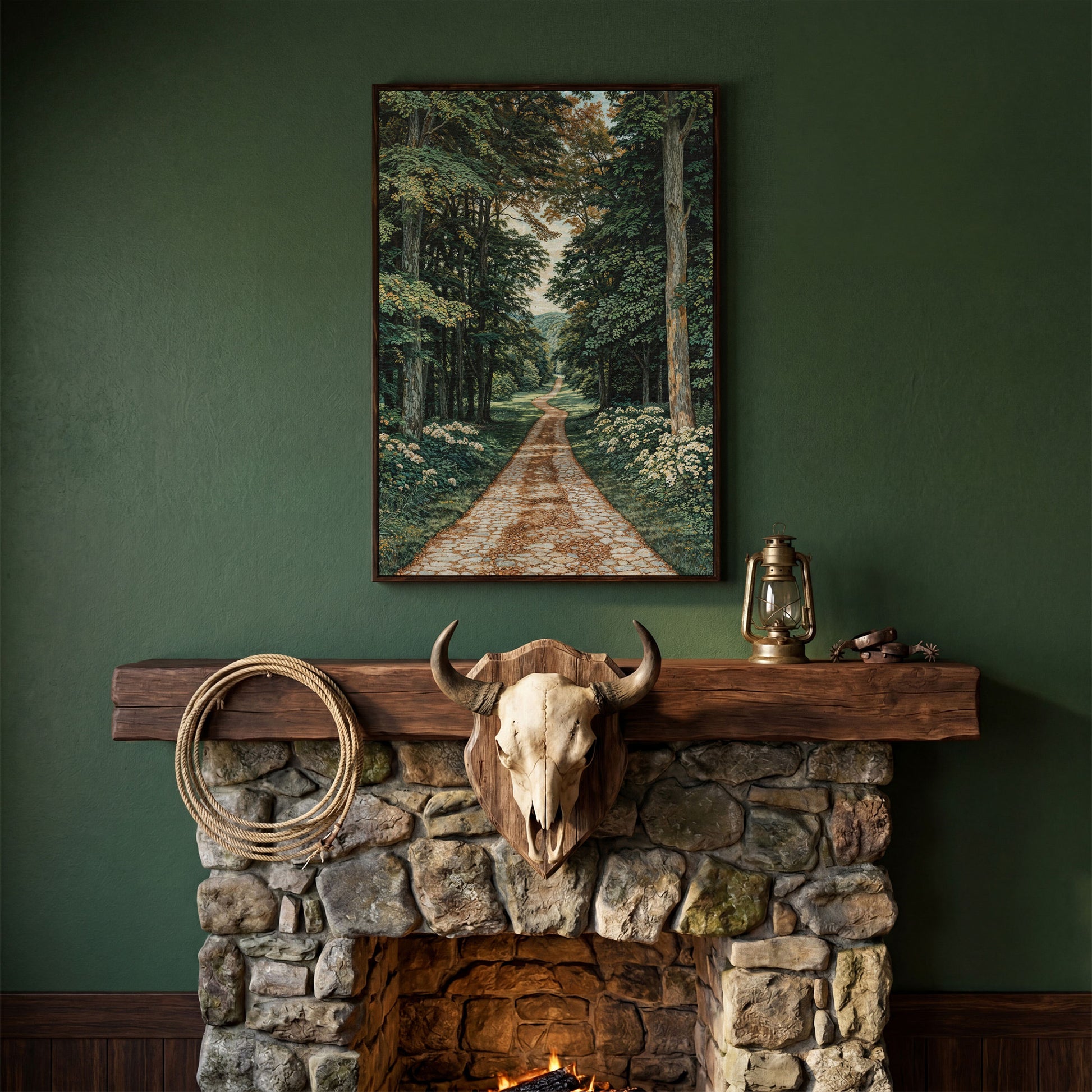 Country Road Through Forest Canvas in dark walnut floating frame