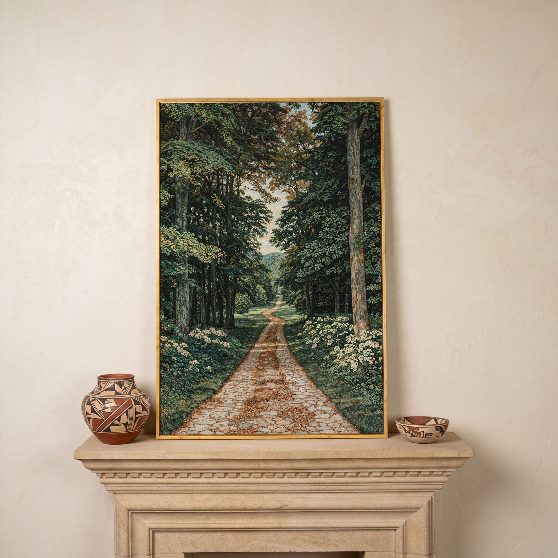 Country Road Through Forest Canvas in white oak floating frame