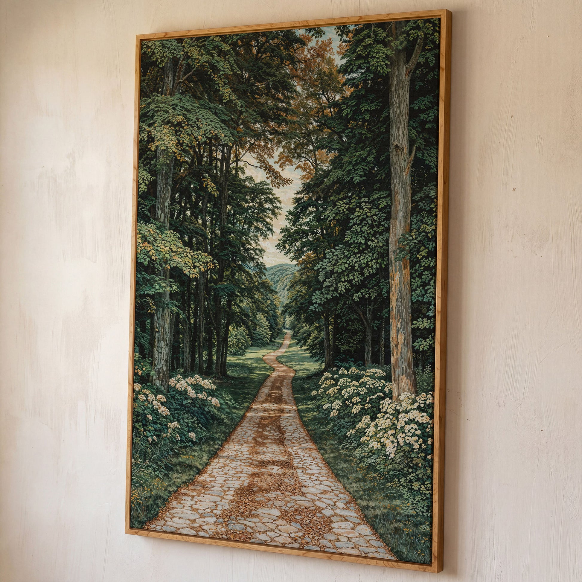 Country Road Through Forest Canvas shown in white oak floating frame