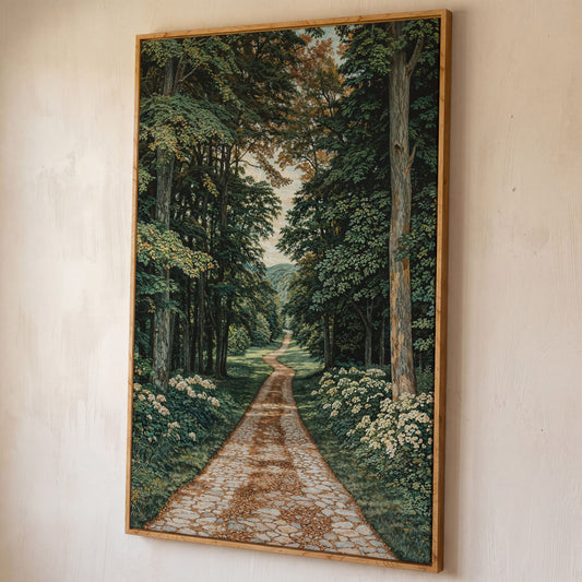 Country Road Through Forest Canvas shown in white oak floating frame