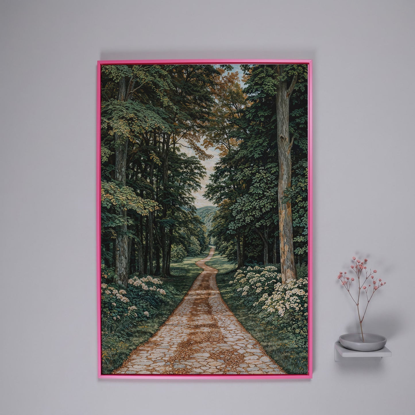 Country Road Through Forest Canvas in pink floating frame
