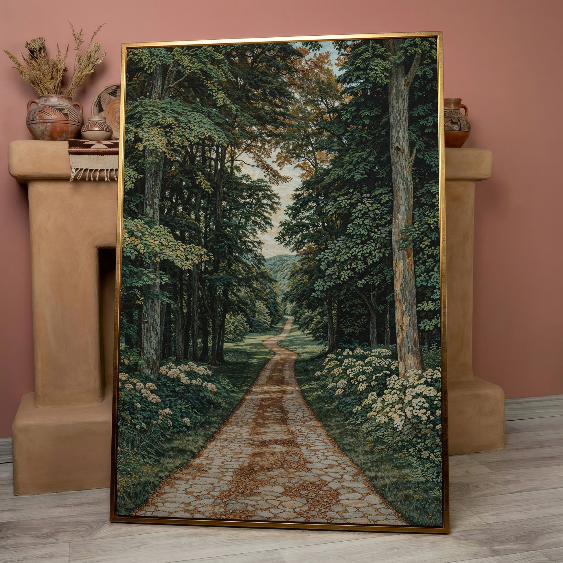 Country Road Through Forest Canvas in rose gold floating frame
