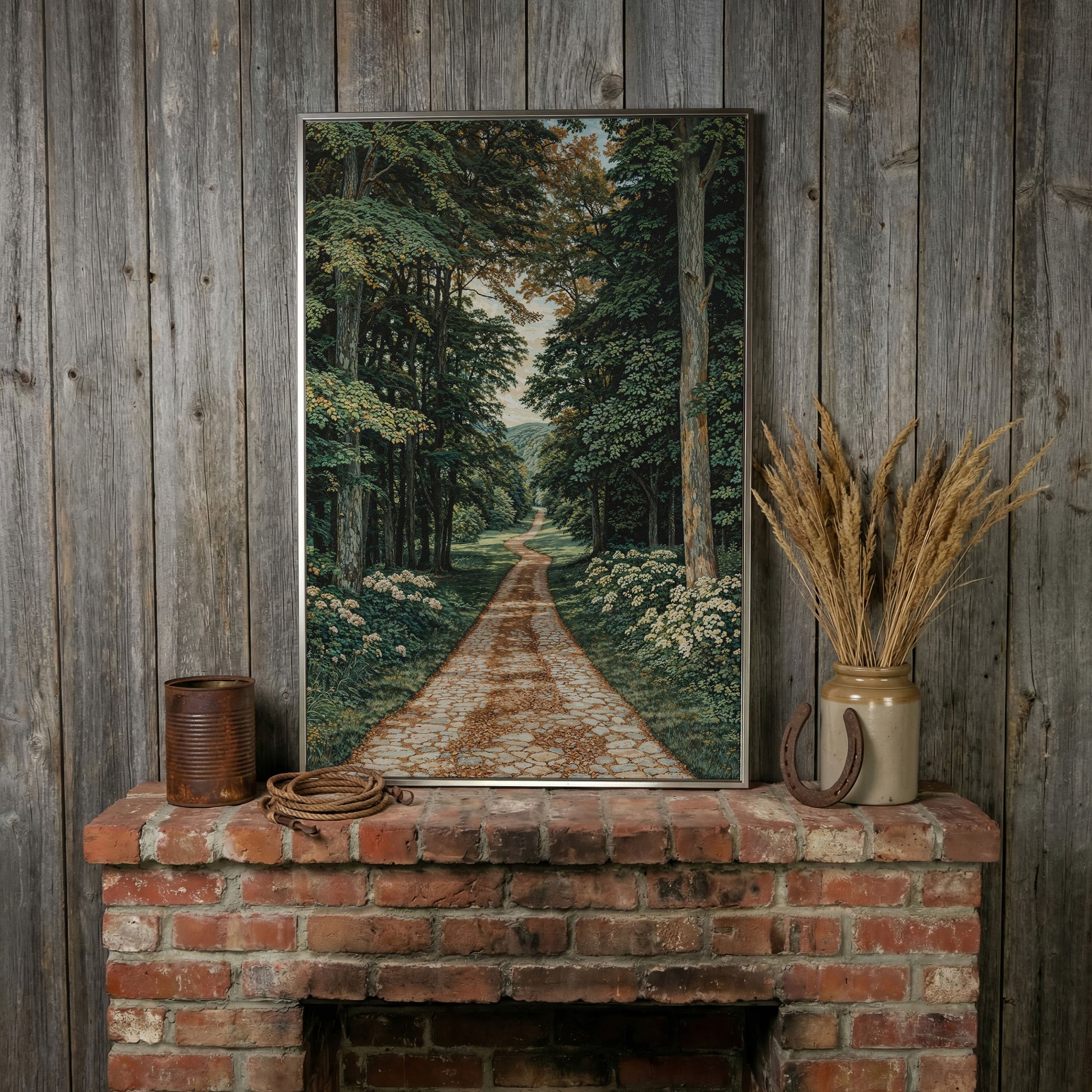 Country Road Through Forest Canvas in silver floating frame