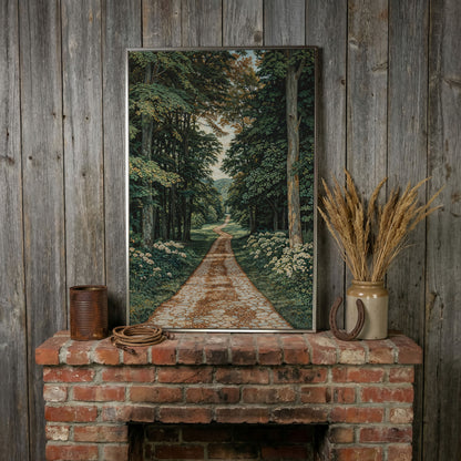 Country Road Through Forest Canvas in silver floating frame