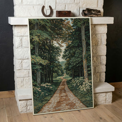 Country Road Through Forest Canvas in white floating frame