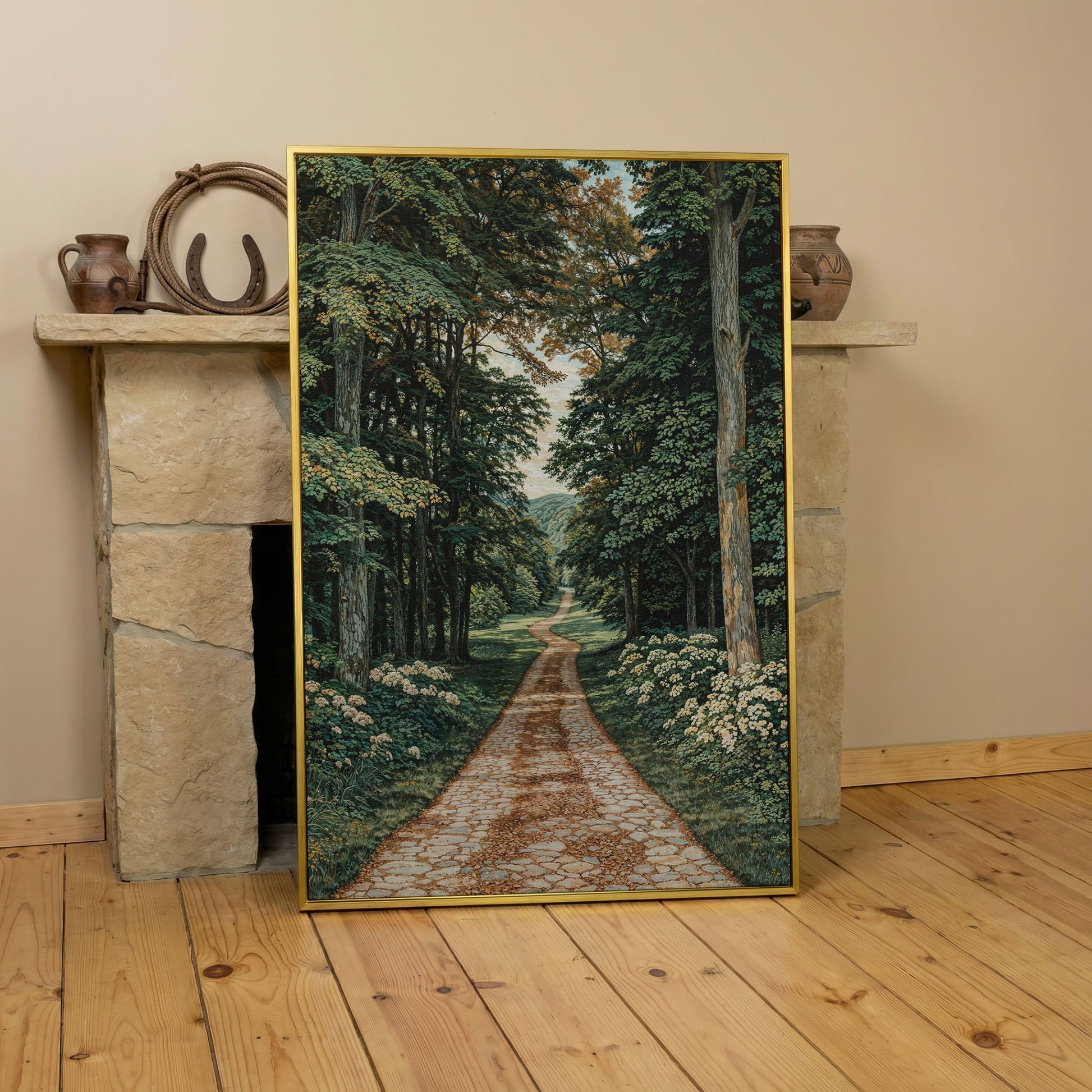 Country Road Through Forest Canvas in yellow gold floating frame