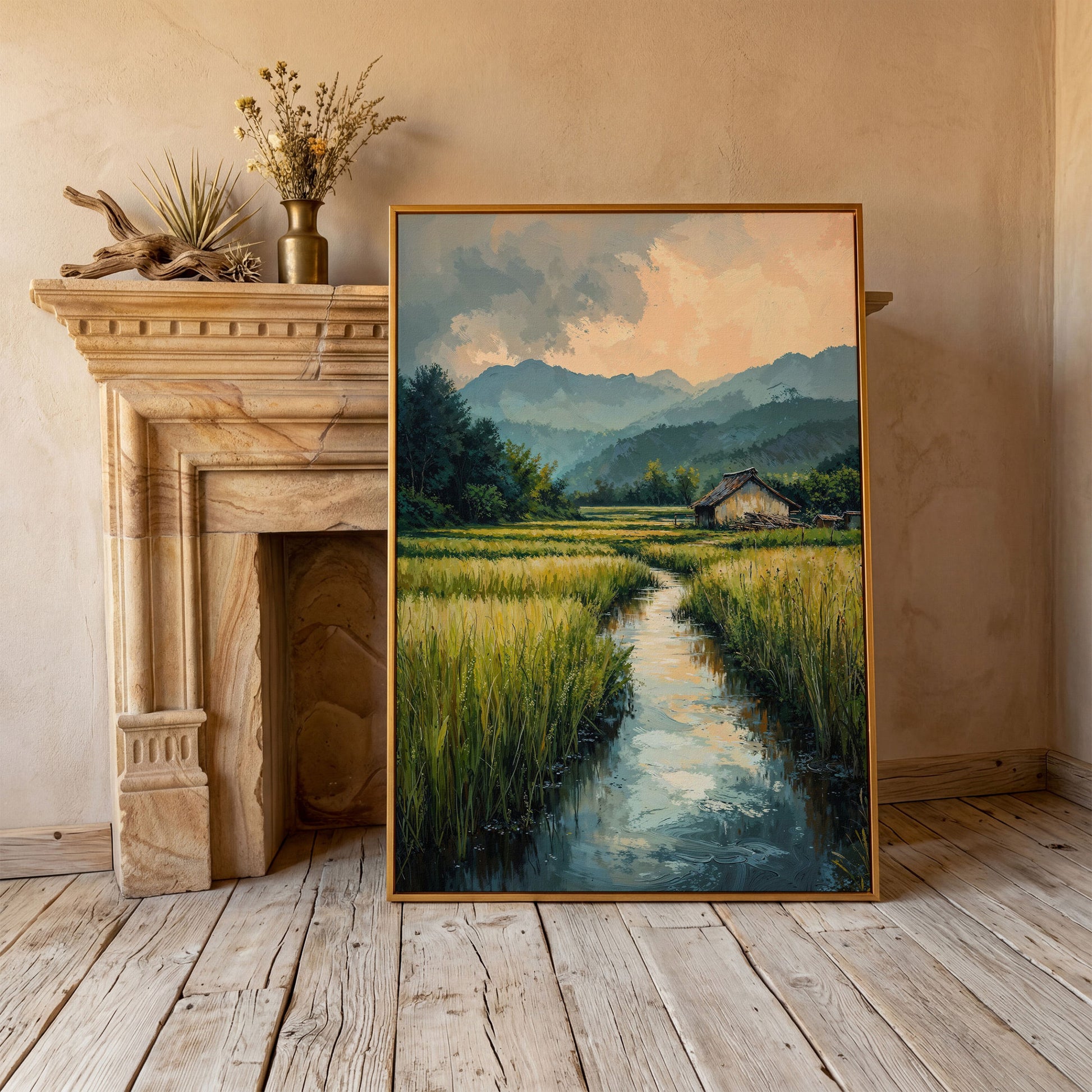 Countryside River Landscape Canvas in antique gold floating frame