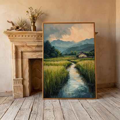 Countryside River Landscape Canvas in antique gold floating frame