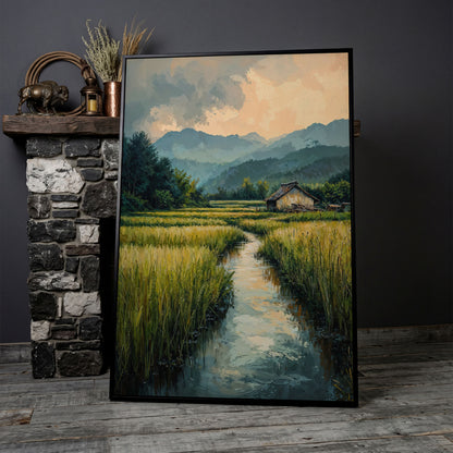 Countryside River Landscape Canvas in black floating frame